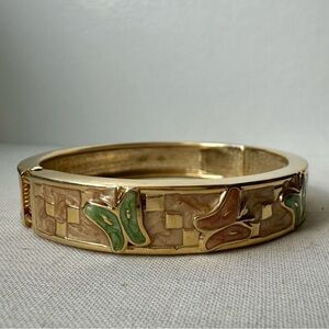 Butterfly Enamel Cloisonné Abstract Gold-Tone Hinge Bangle Cuff Bracelet